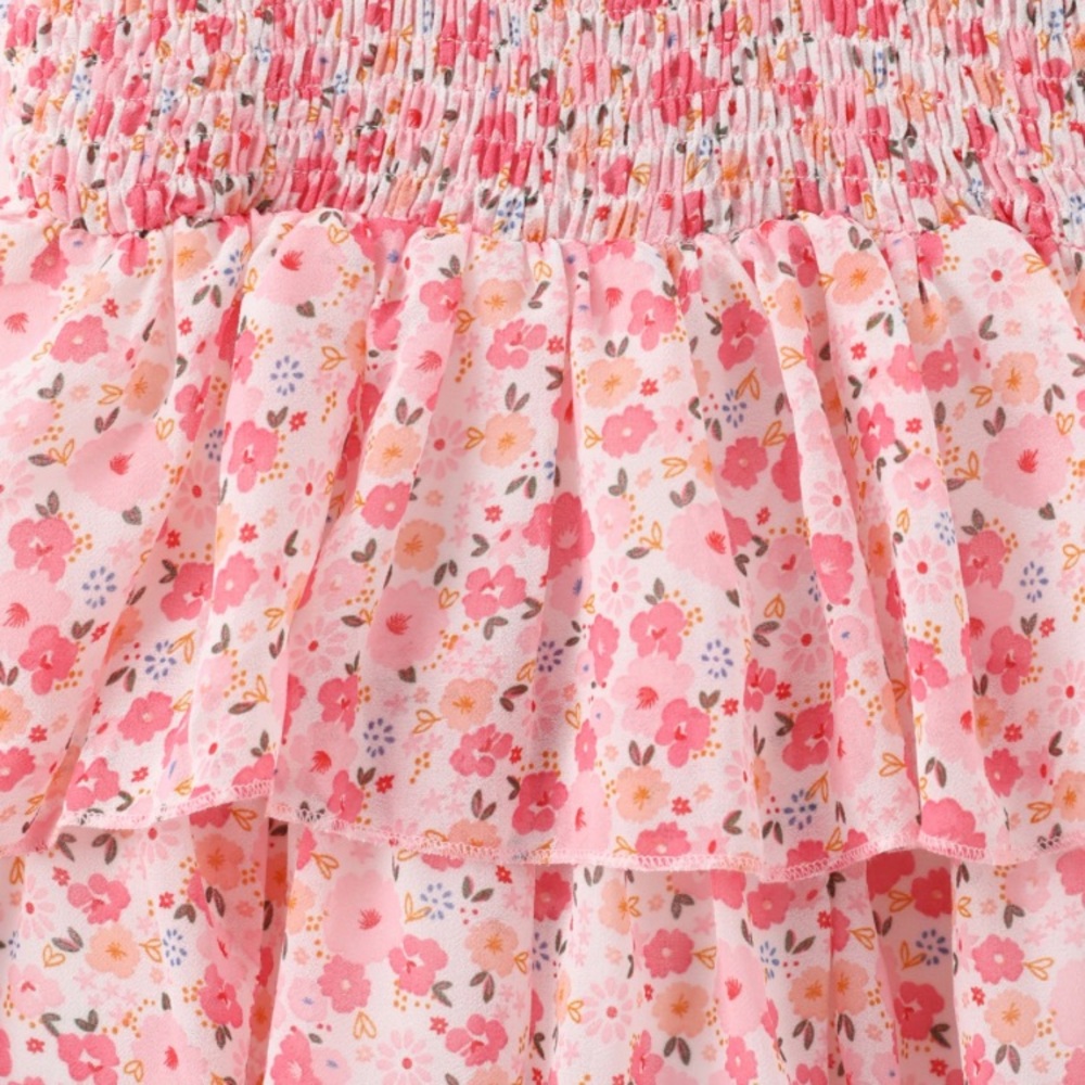 Toddler Girl Sweet Floral Print Smocked Ruffled Sleeveless Dress - Picture 4 of 5